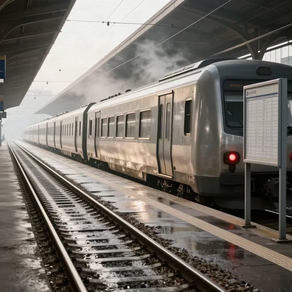 Binario regionale vuoto con treno fermo, luce rossa e vapore freddo in stazione.
