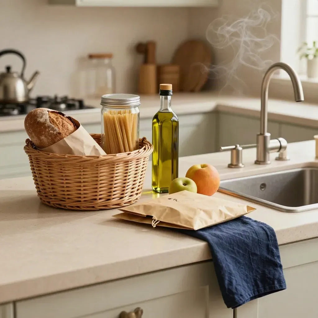 Spesa settimanale in cucina con pane, pasta, olio d'oliva e bollette sul lavello