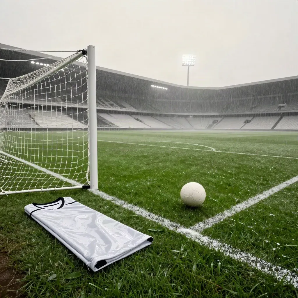 Angolo di stadio bagnato sotto i riflettori, pallone e rete prima del calcio d’inizio