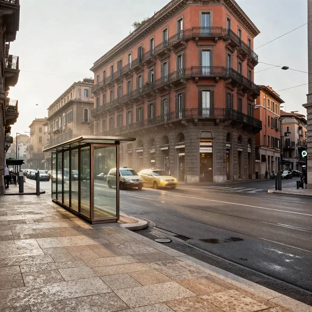 Angolo urbano all’alba con travertino romano, pensilina tram in vetro e balconi napoletani.