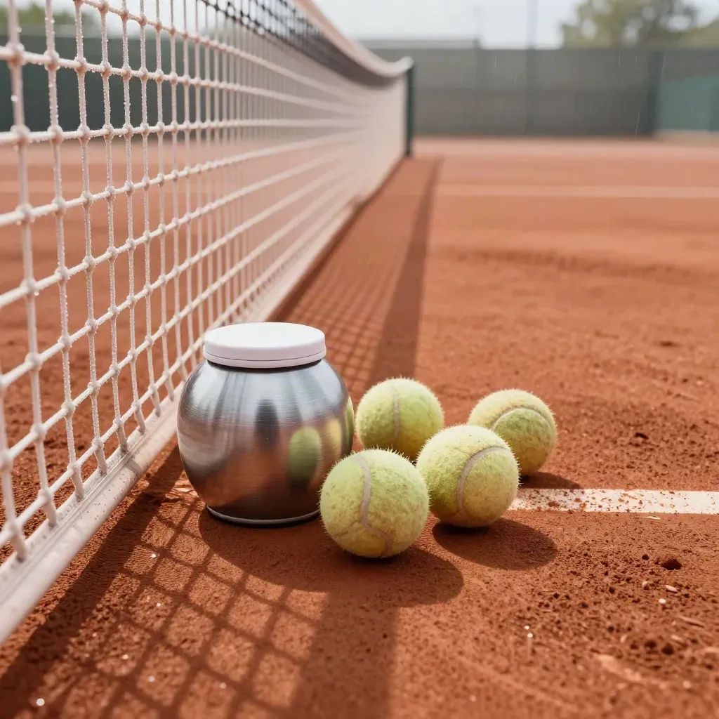 Canestro di palline da tennis sul campo in terra battuta bagnato, rete tesa e segni di pioggia.