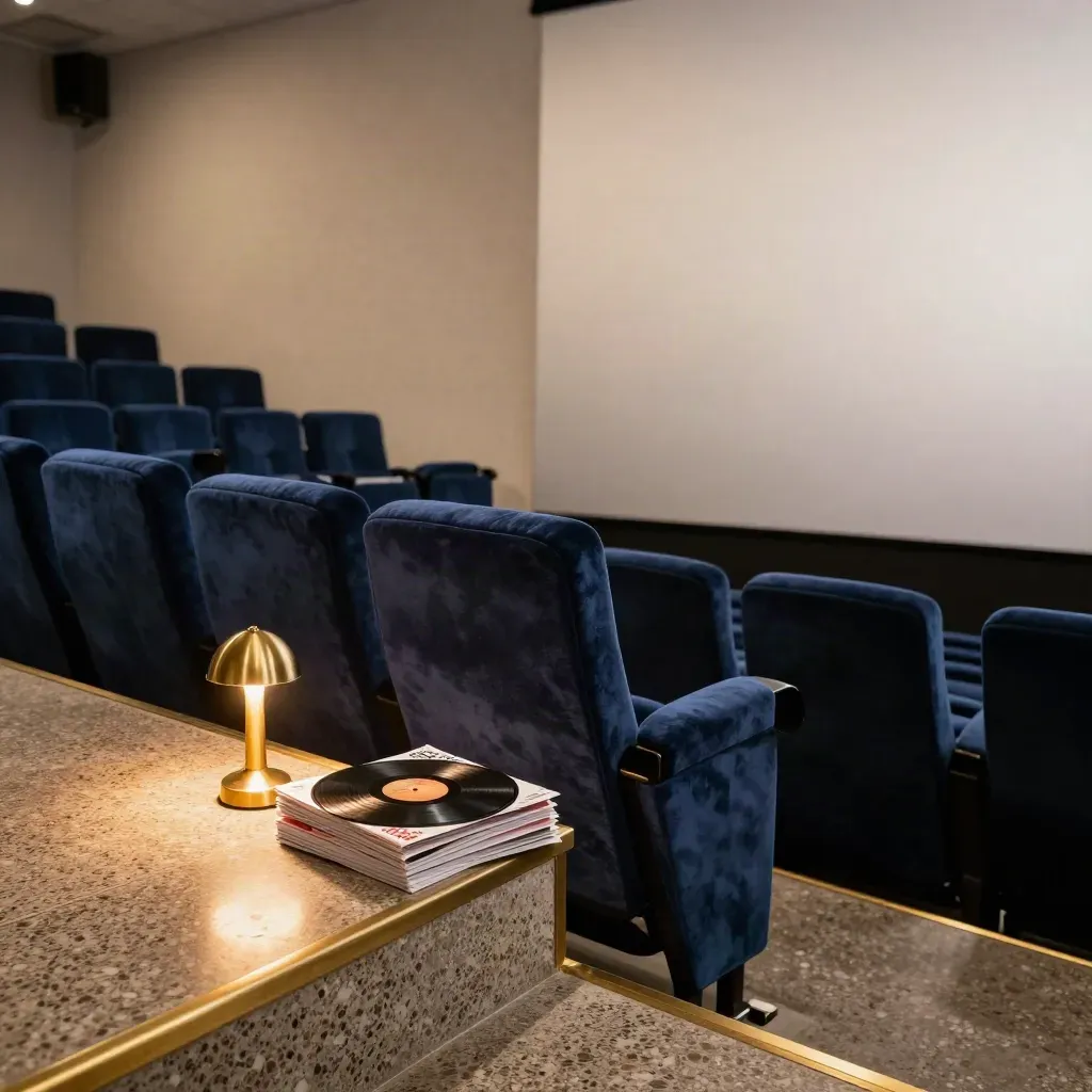Foyer di cinema vuoto con poltrone blu notte, locandine capovolte e lampada in ottone