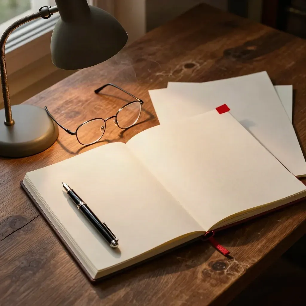Scrivania editoriale con taccuino chiuso, penna, occhiali e luce calda su bozze girate.