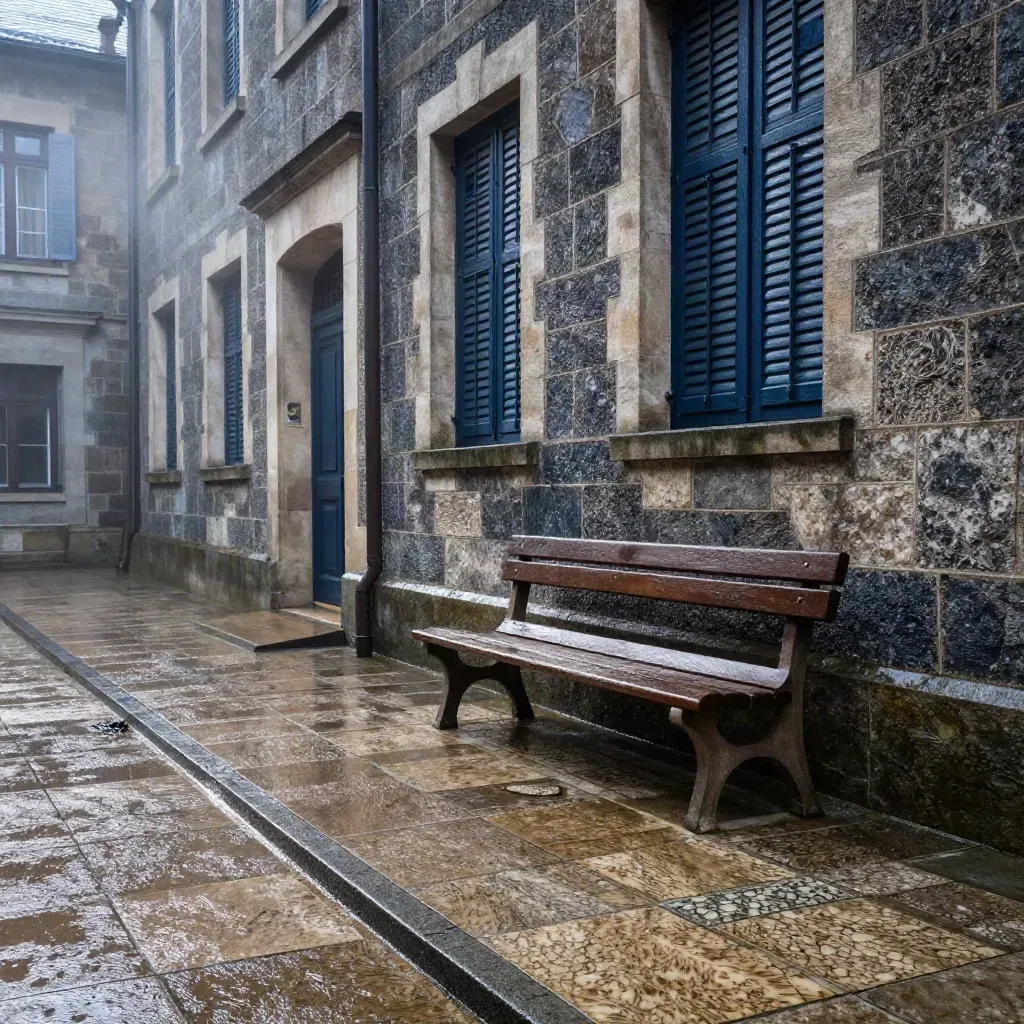 Cortile del tribunale bagnato, panchina solitaria e finestre chiuse dopo un temporale