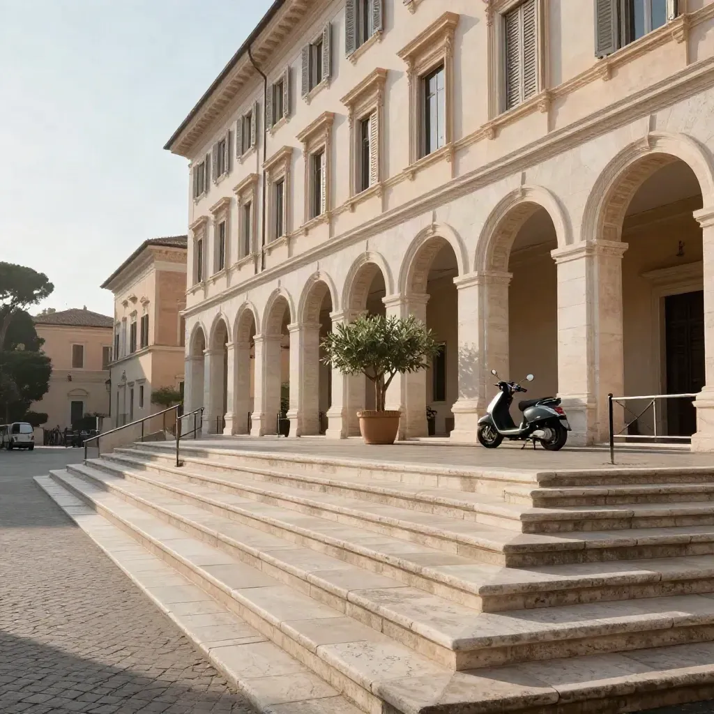 Scala in travertino, scooter e facciata ministeriale sotto archi chiari a Roma.