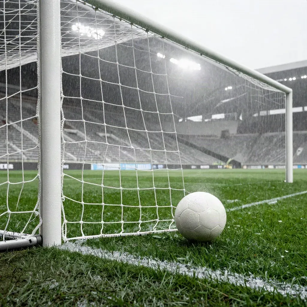 Pallone oltre la linea, rete che vibra e campo bagnato sotto i riflettori