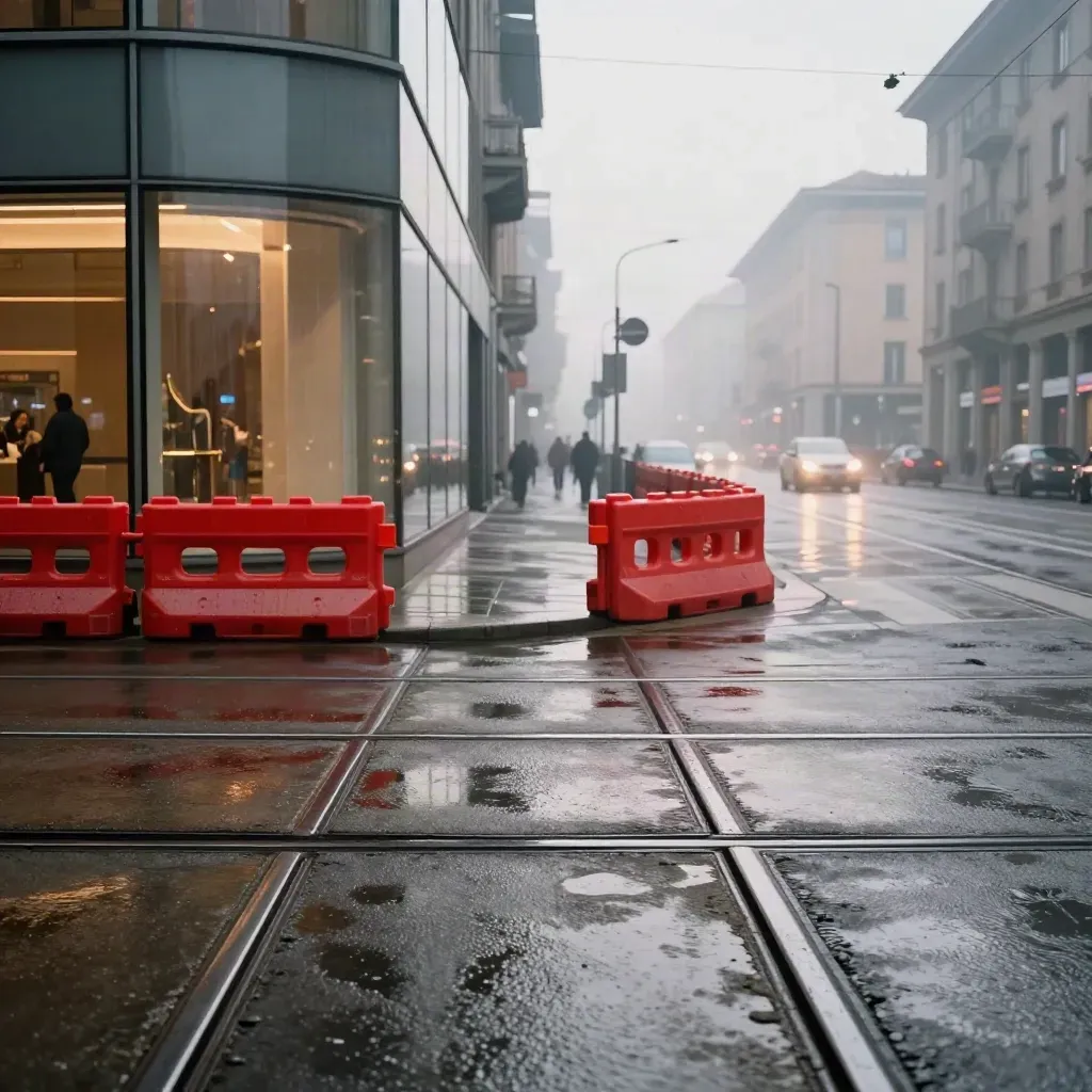 Incrocio milanese bagnato con rotaie del tram, vetrina riflettente e barriera rossa all’alba