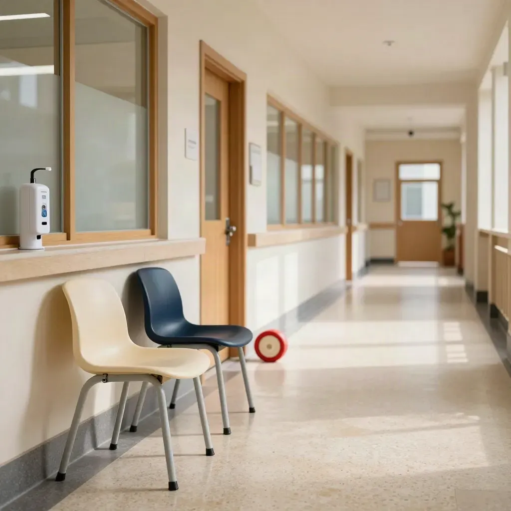 Corridoio scolastico con ingresso medico, sedie colorate, dispenser e luce calda naturale.