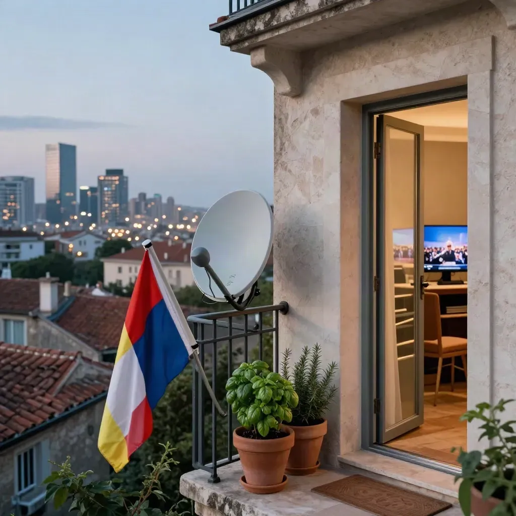 Balcone serale con tricolore, parabola e basilico davanti a uno skyline lontano
