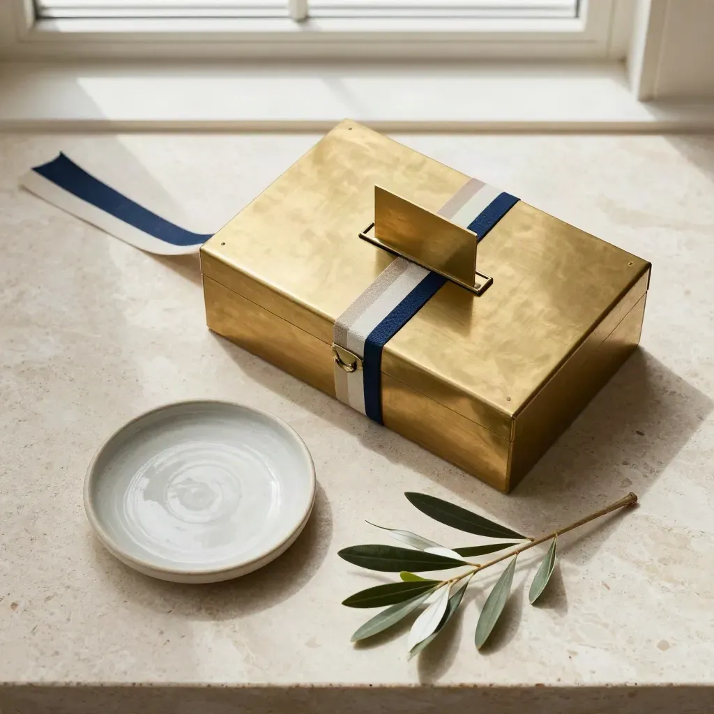 Urna elettorale in ottone con nastro tricolore, oliva e piattino ceramico su pietra chiara.