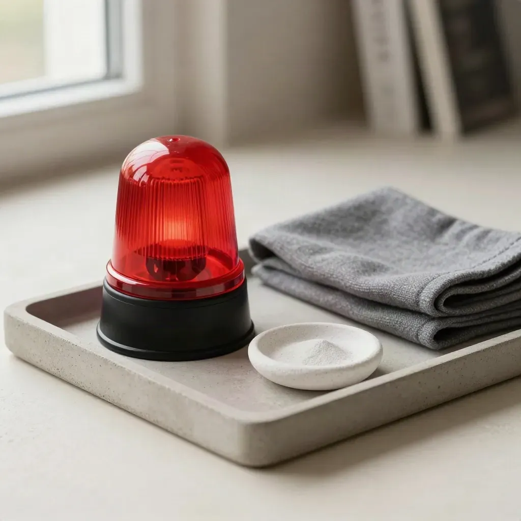 Luce su un lampeggiante rosso, panno grigio piegato e piccola ciotola di pietra su vassoio.
