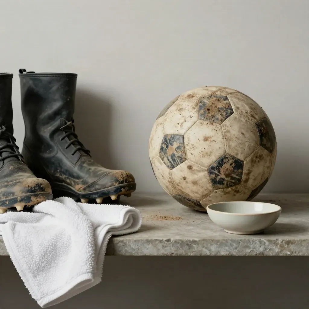 Pallone infangato con scarpe fasciate, asciugamano e ciotola su mensola in pietra